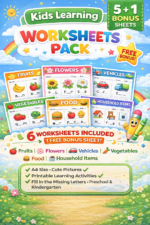 Kids Learning Worksheets Pack – Fill in the Missing Letters | Fruits, Flowers, Vehicles, Vegetables, Food & Household Items | Preschool & Kindergarten Printable